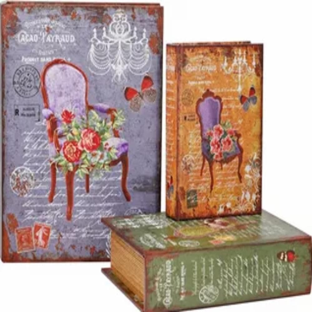 Kit 3 Cofre Livro Falso Decorativo Fake Porta Objetos Madeira Documentos Estilo Antigo Secreto Caixa