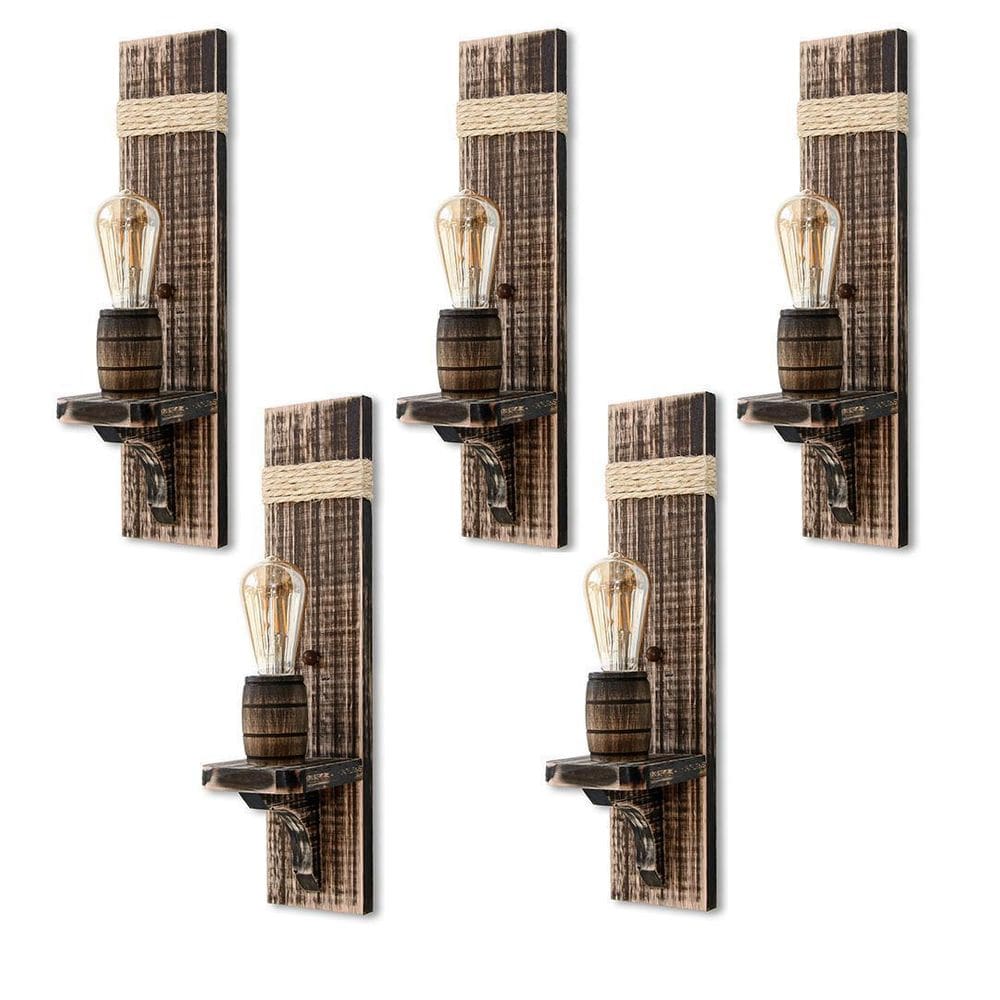 Kit 5 Arandelas Sisal Delenha Decor Rústica Madeira Maciça