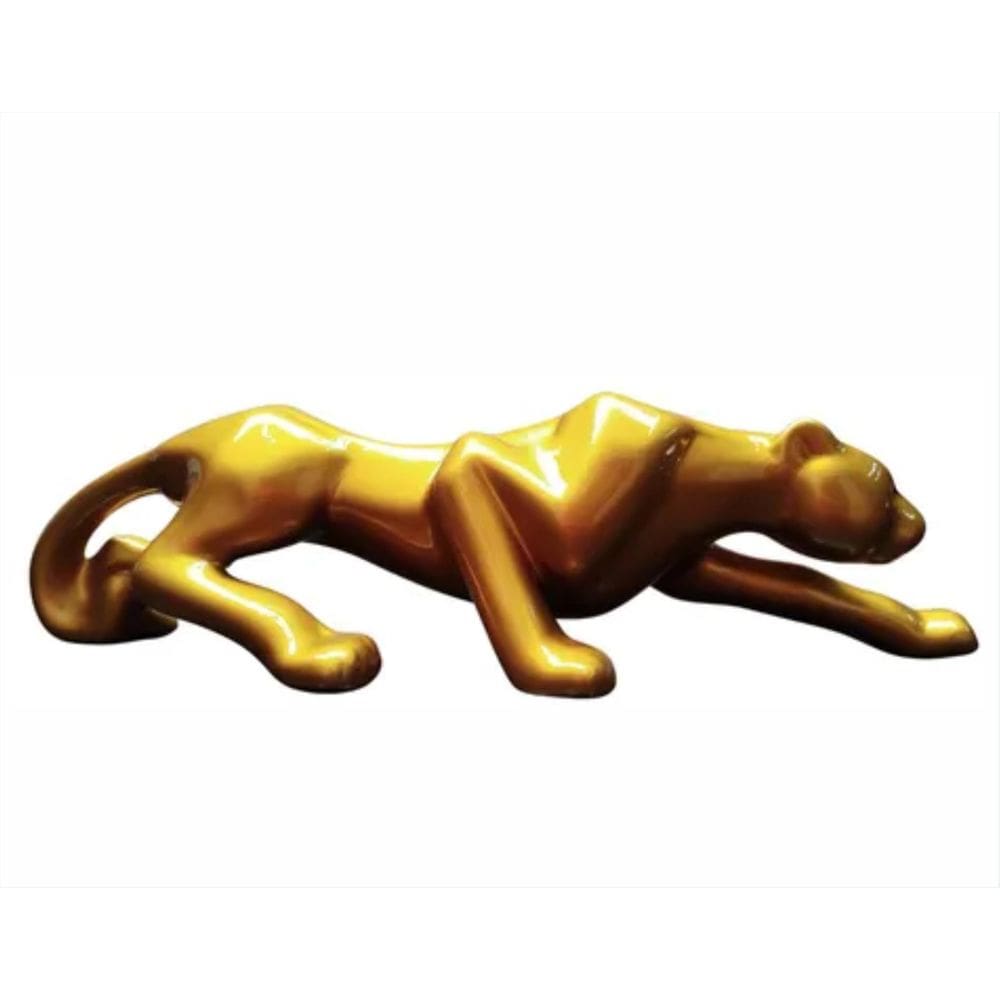 Pantera Dourada Decorativa Escultura Cerâmica 36Cm
