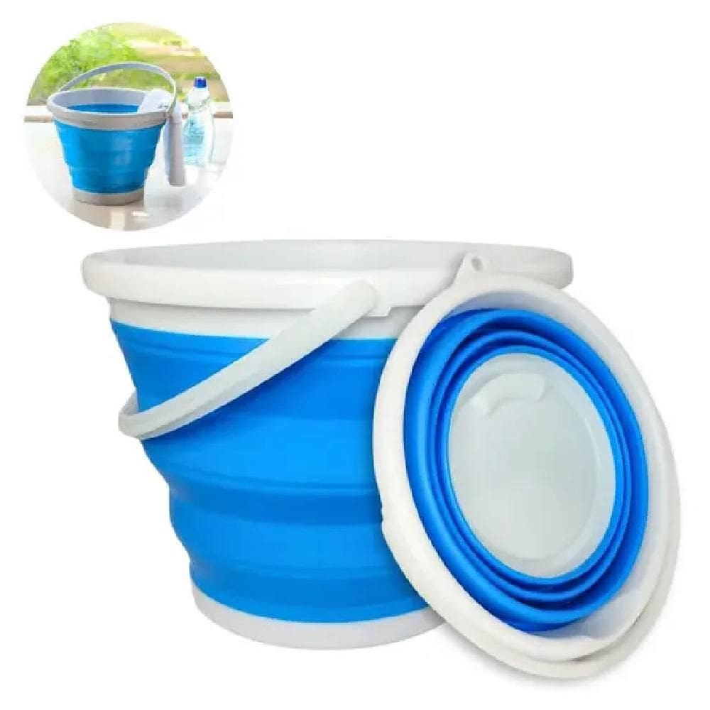 Balde Dobravel Compacto Silicone Para Camping Gelo Garrafas Lavanderia Agua Multiuso Flexivel 10L Azul