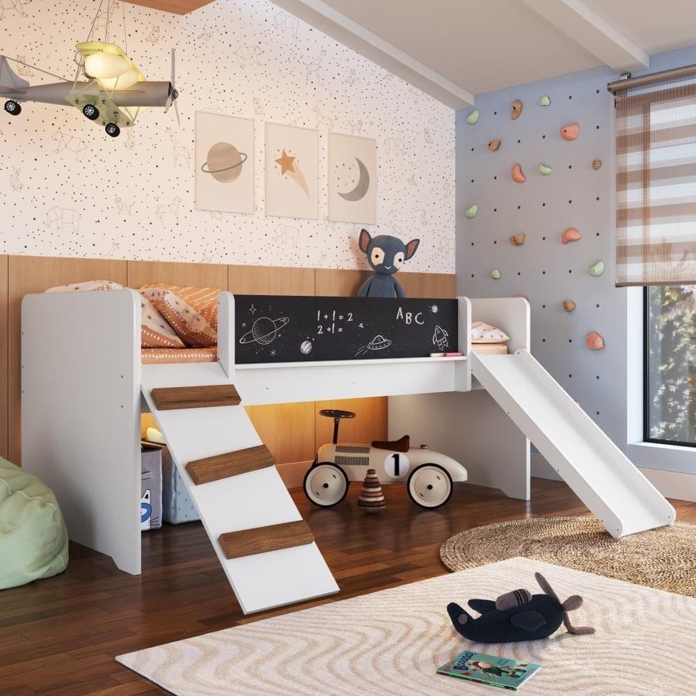 Cama Infantil Playground Menino Menina 195cm Com Escorregador, Rampa E Lousa Branca