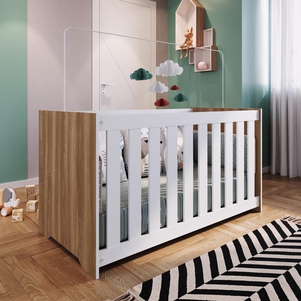 Berço Infantil Simples 133cm Com Colchão, Regulagem De Altura E Grade Mdf Nogal Com Branco