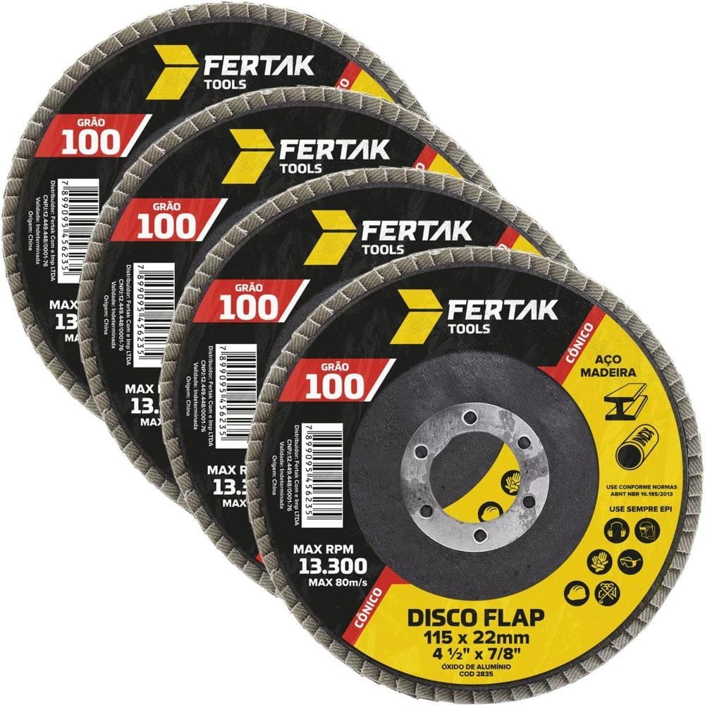 Disco Flap Cônico 115Mm Grão 100 Madeira Aço Desbaste 04 Un