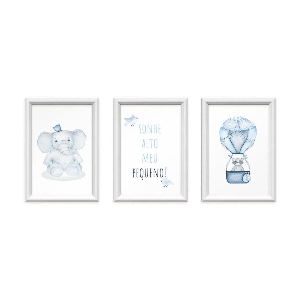 Kit 3 Quadros Decorativos Elefante Balão Azul 24X34Cm