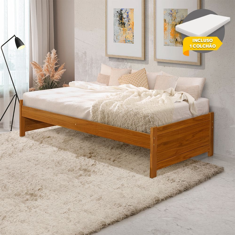 Cama Solteiro com Colchão Madeira Maciça Gabrieli Mona Imbuia