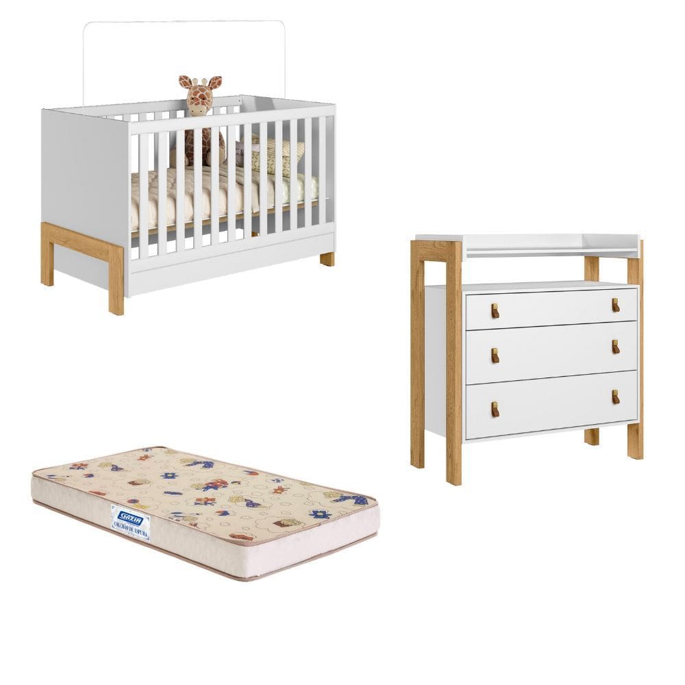 Quarto de Bebê Berço mini cama Cômoda 3 Gavetas Fantasia Qmovi e Colchão Gazin