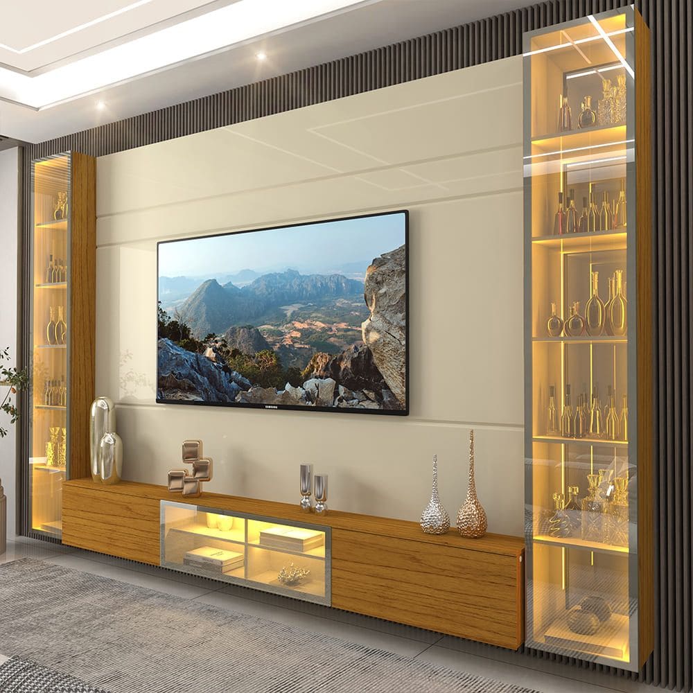 Estante Home TV Até 85 Luminare Led Vidro Reflecta Mdf Off White Naturale- Gelius Móveis