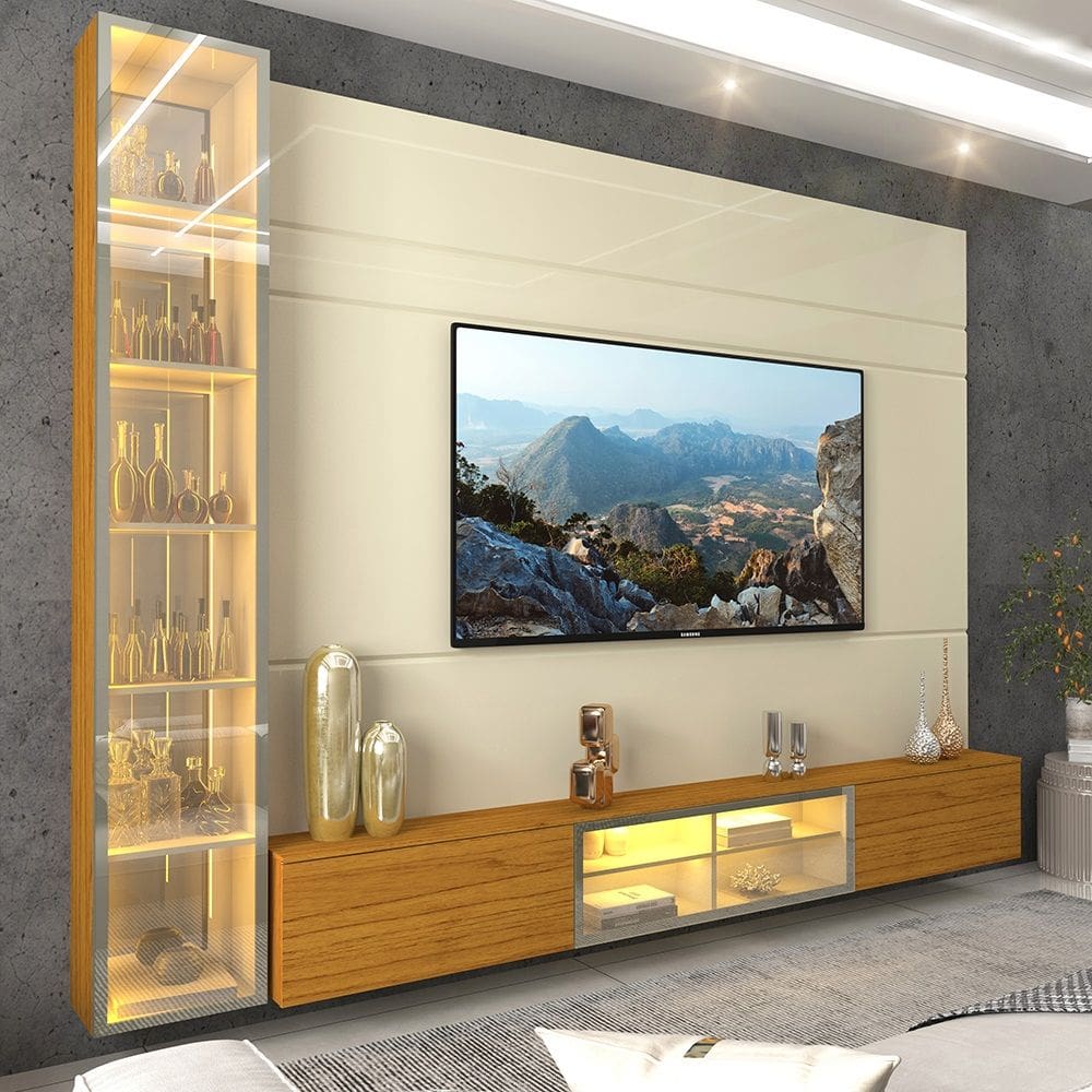 Home Tv Até 85 Luminare Led Vidro Cristaleira Reflecta Mdf Naturale - Gelius