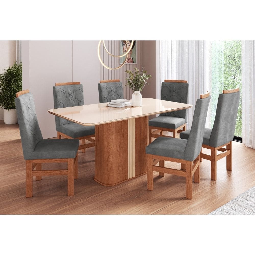 Conjunto Sala de Jantar Mesa Tampo de Vidro 160cm Zamarchi