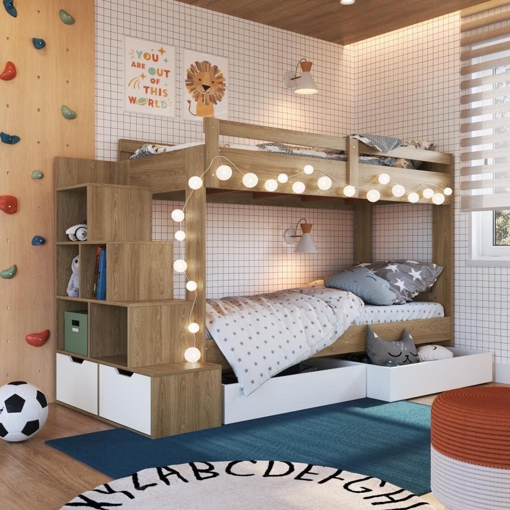 Cama Beliche Infantil Bicama 2,32m Escada Nichos Gavetas Aveiro com Branco