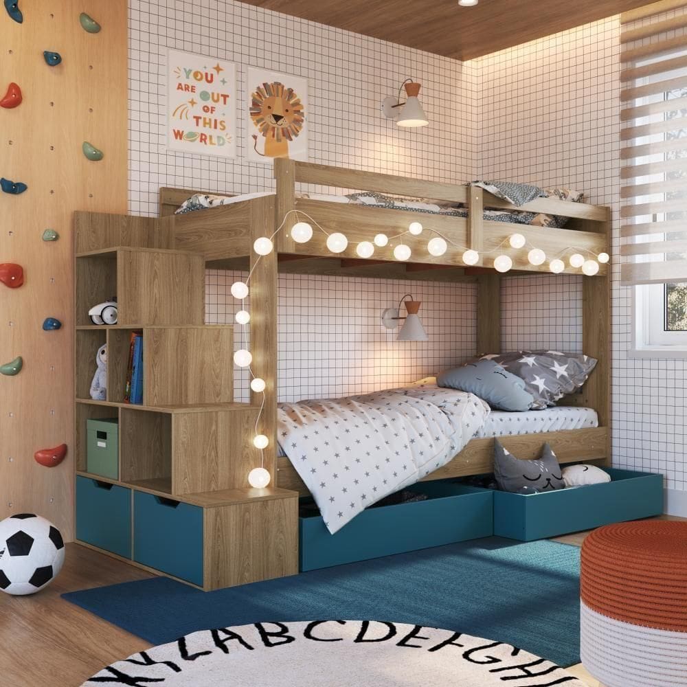 Cama Beliche Infantil Bicama 2,32m Escada Nichos Gavetas Aveiro com Azul