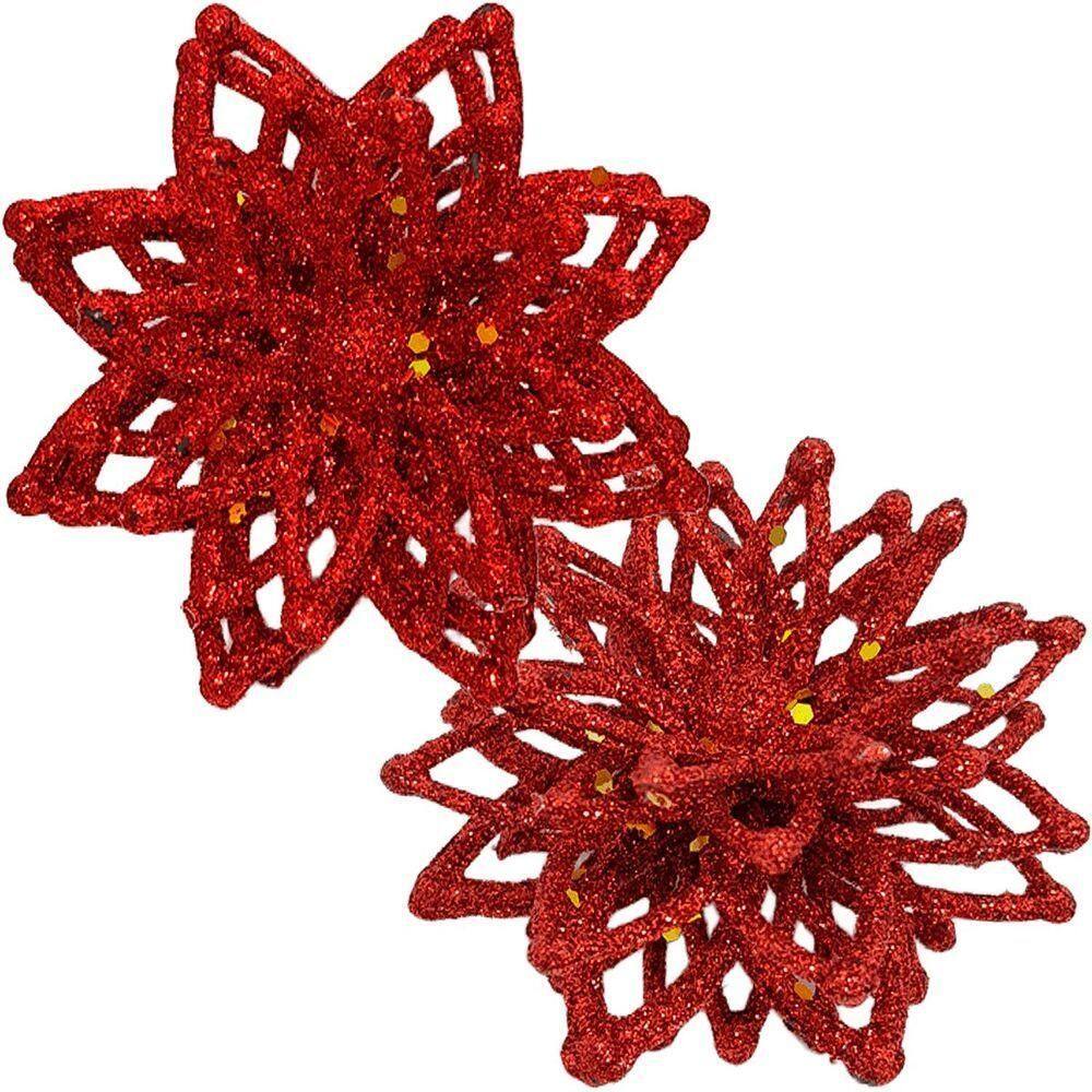 Pendentes Enfeite Natalino Flores Gliter Vermelho Kit 20pçs