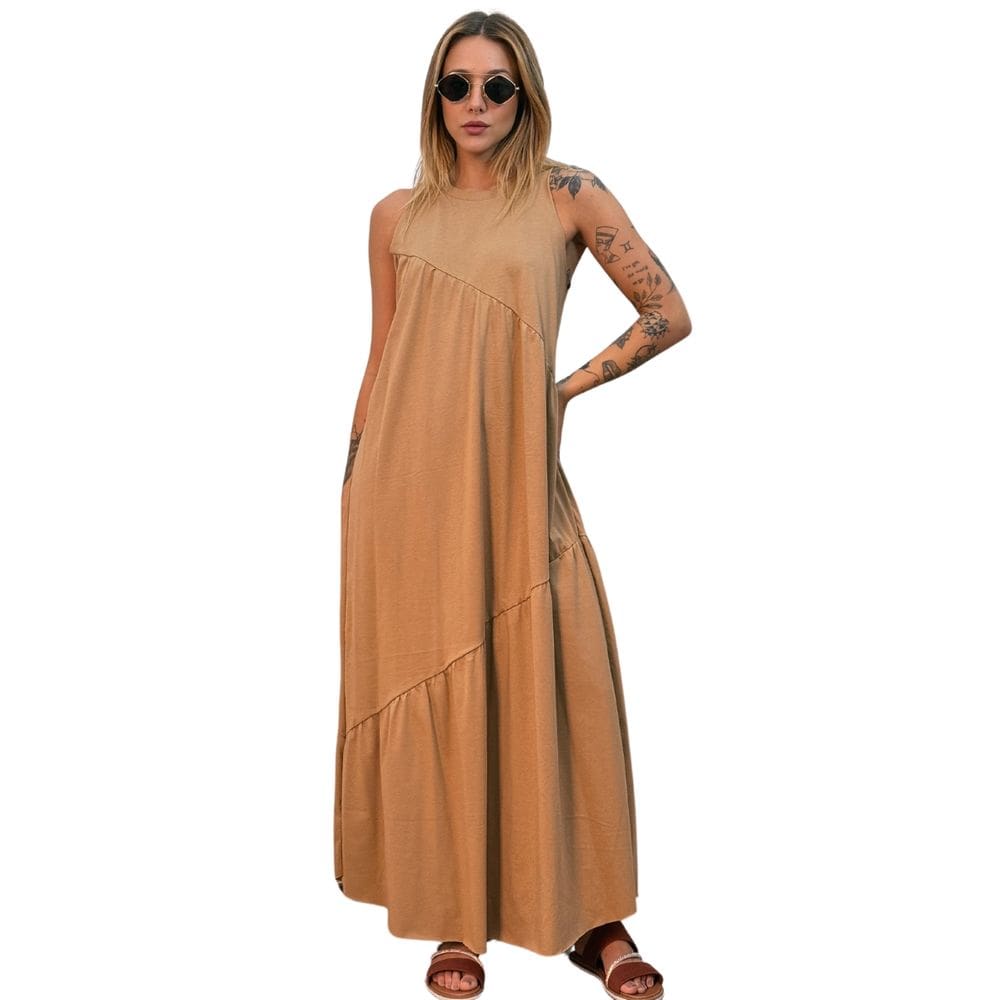 Vestido Longo Feminino malha algodão Aveloz Caramelo