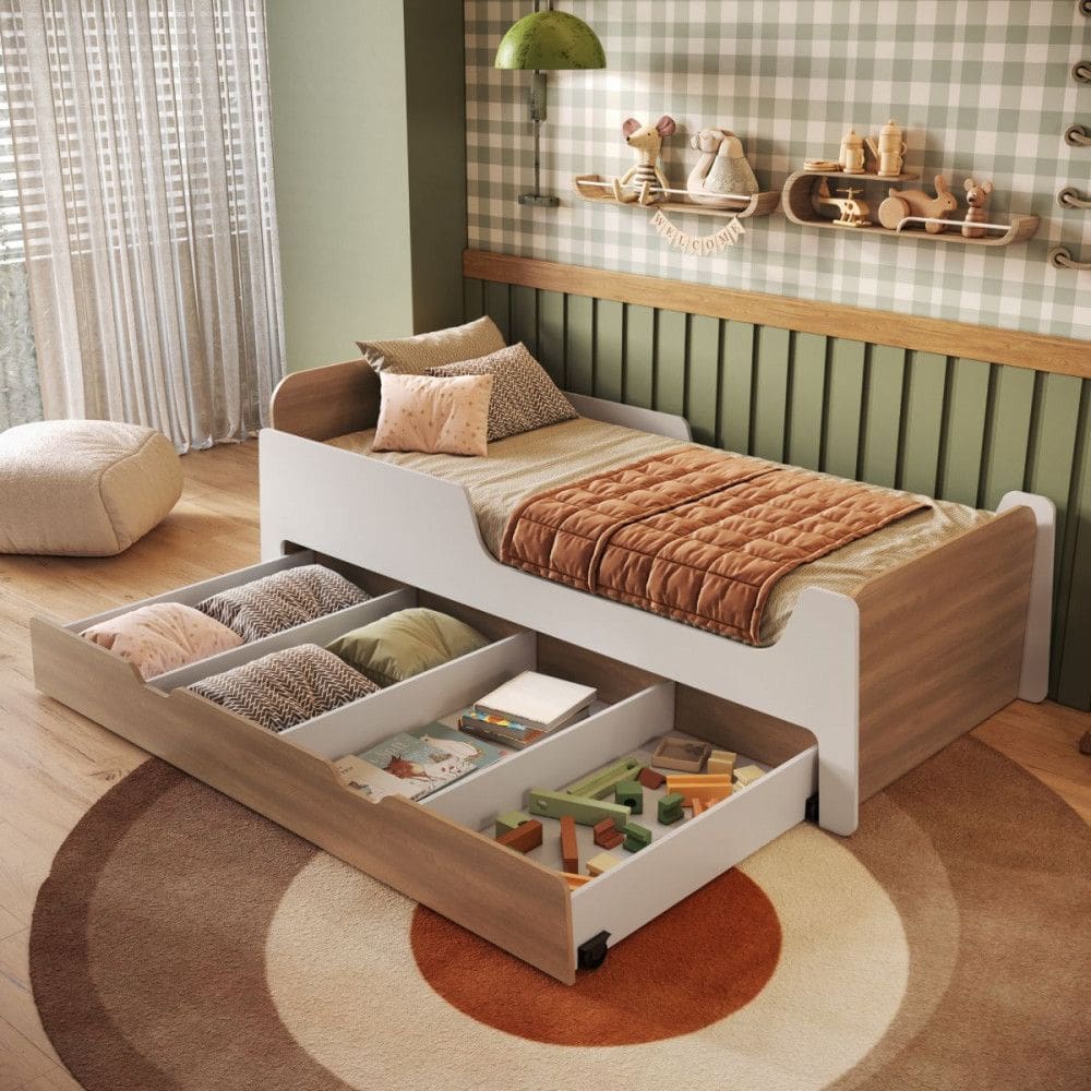 Cama Infantil Solteiro Mick com Baú Auxiliar em MDF Mobikasa