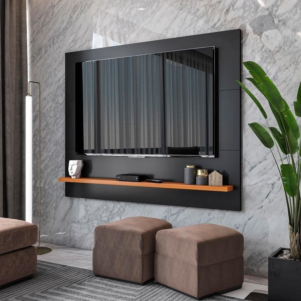 Painel Ripado Tv 50 Polegadas Com Prateleira Monaco - Preto E Cedro