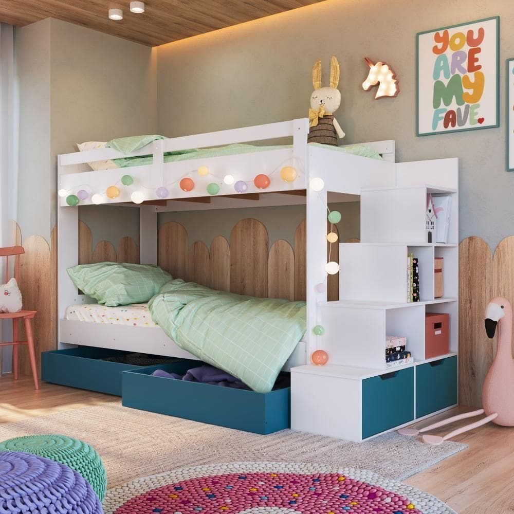 Cama Beliche Infantil Bicama 2,32m Escada Nichos Gavetas Branco com Azul