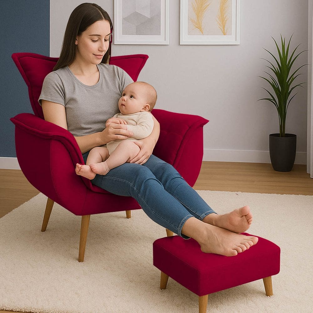 Poltrona De Descanso Alana Com Puff Suede Vermelho