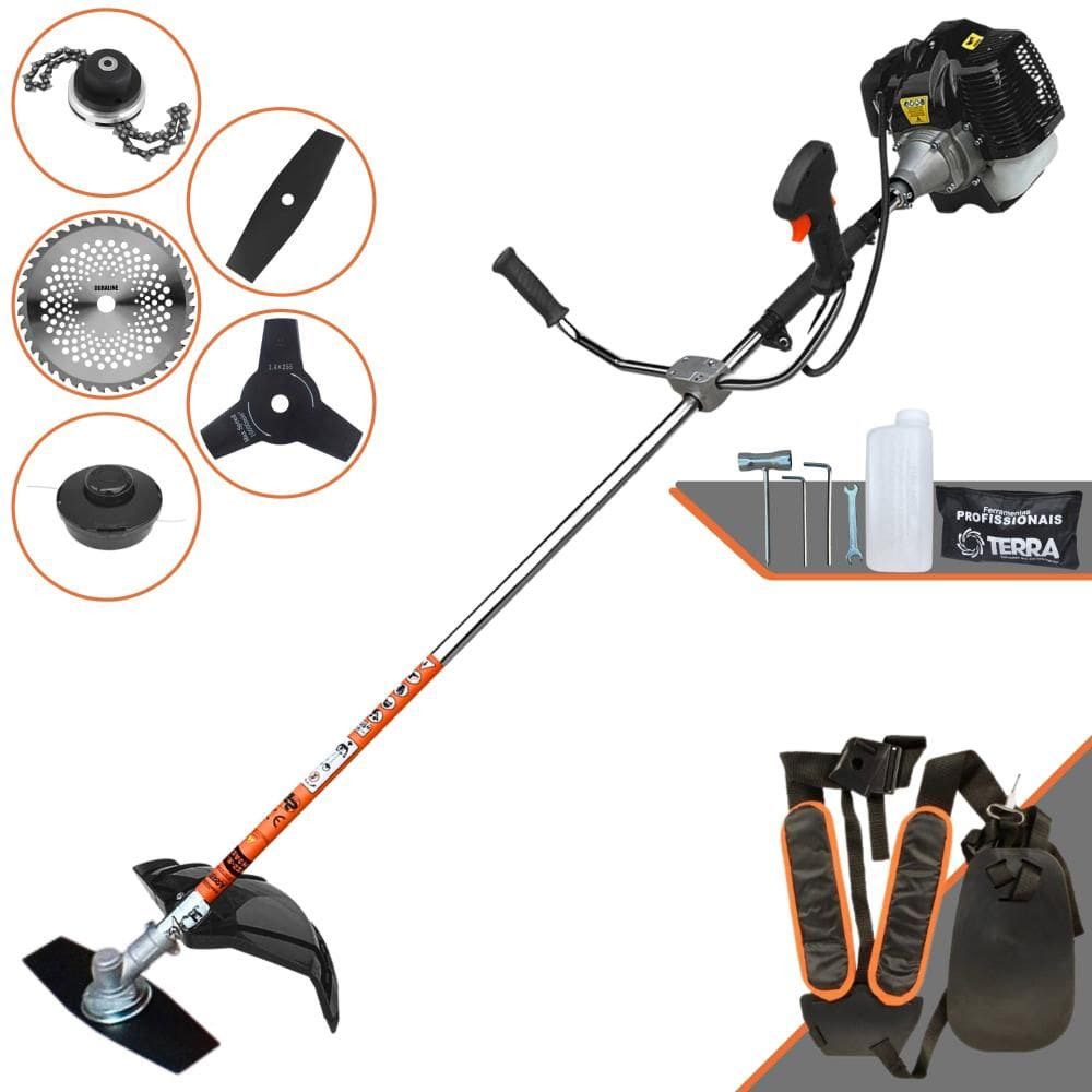 Roçadeira À Gasolina Terra GRH-520 2T 2,5HP 52cc Alta Performance Com Carretel + Faca 2 Pontas + Faca 3 Pontas + Faca 40 Dentes de Vídea + Trimmer