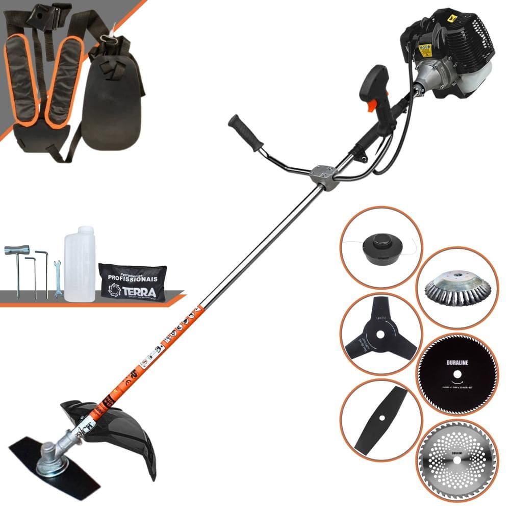 Roçadeira Multifuncional Terra GRH-520 À Gasolina Motor 2T 52cc 2,5HP 6.500rpm Com Lâmina Facão + Lâmina 3 Pontas + Lâmina 40 Dentes de Vídea + Lâmina