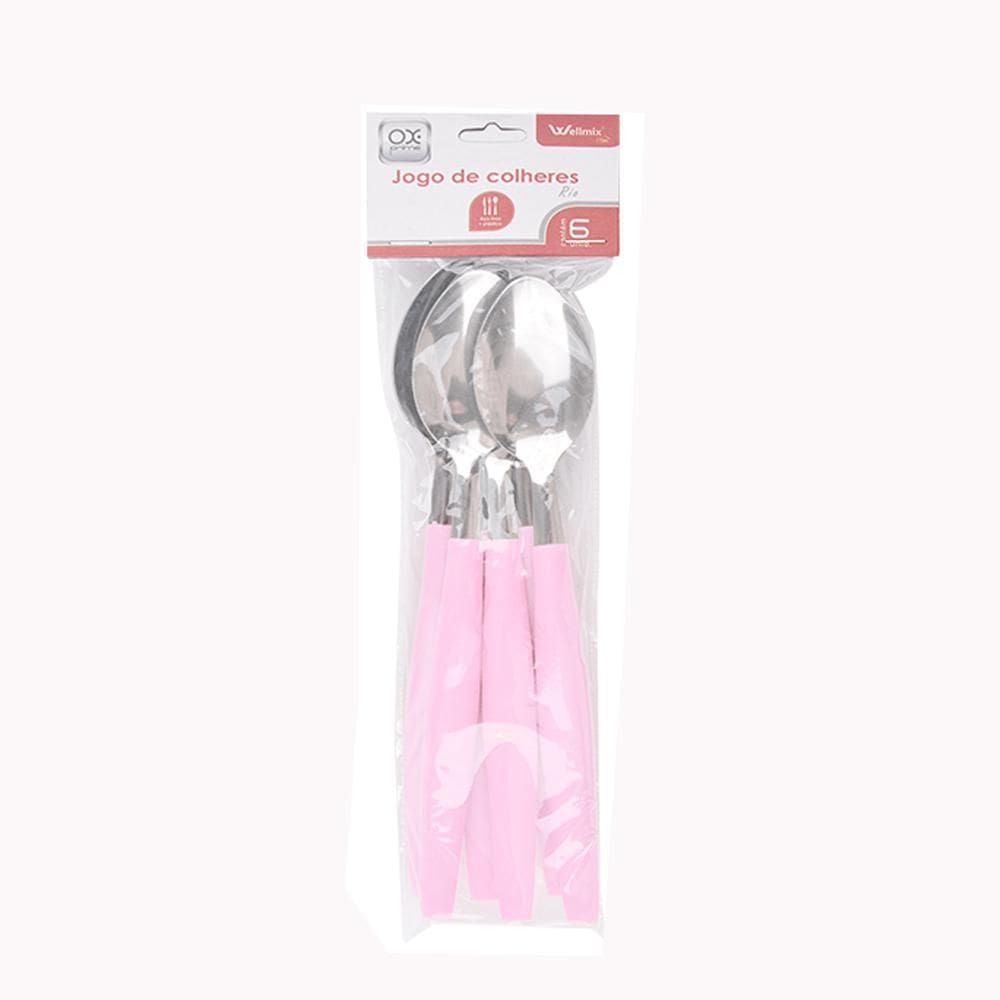 Colher De Mesa De Inox Cabo Plastico Rio Rosa 6 Peças 20Cm
