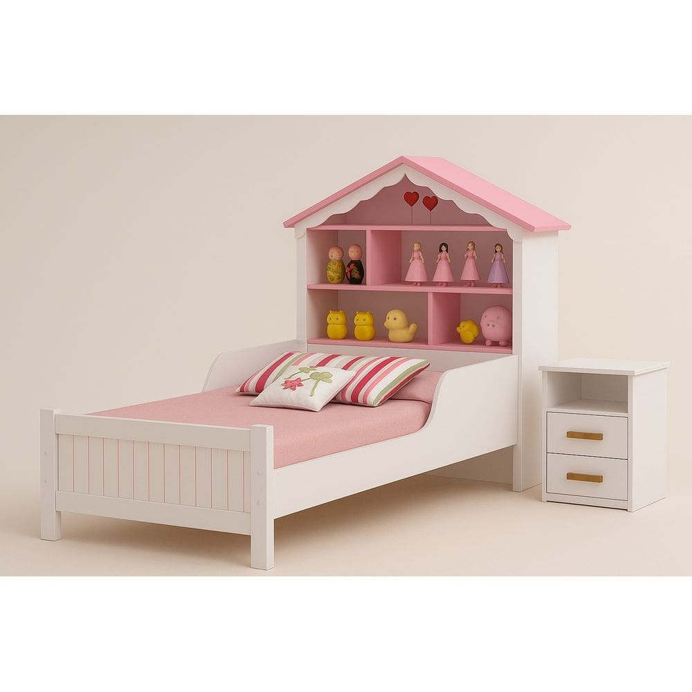 Kit Cama Casinha de Princesa + Mesa de Cabeceira Flex + Colchão de Solteiro