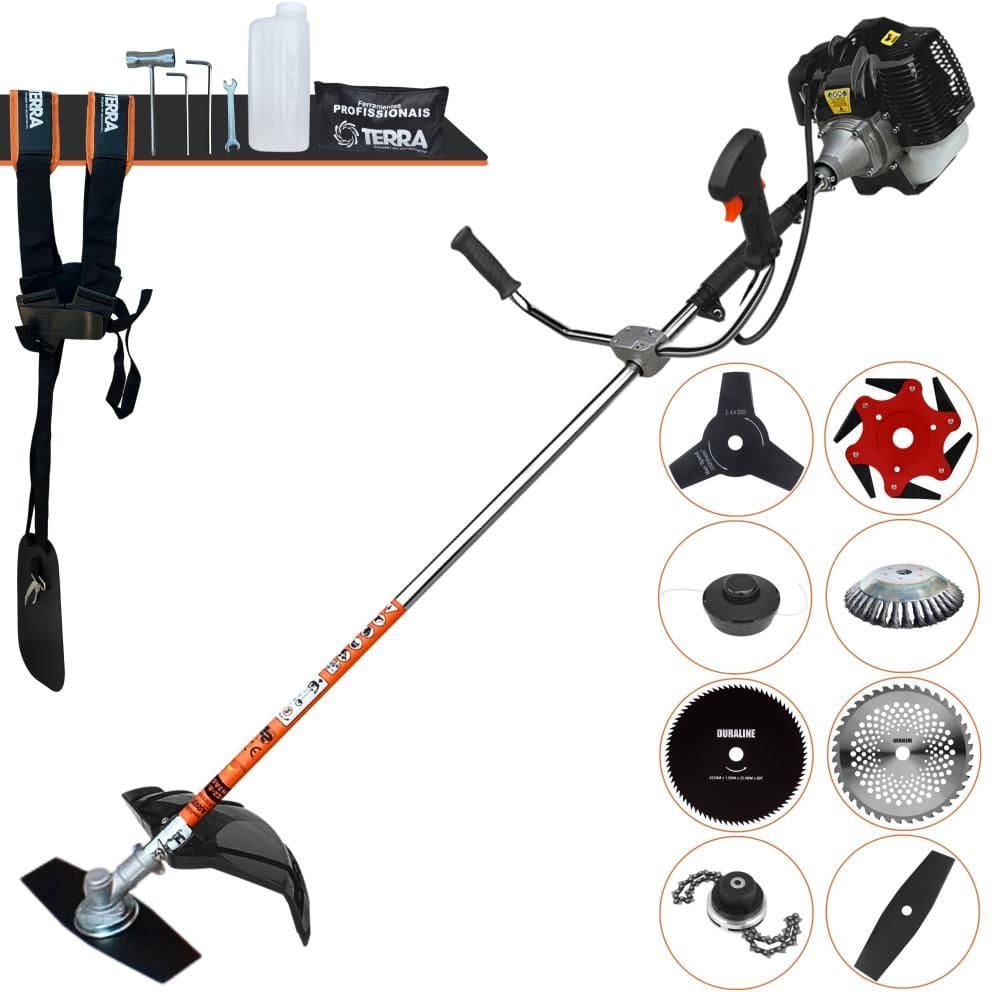 Roçadeira Terra GRH520 Com Carretel Nylon + Faca 2 Pontas + Faca 3 Pontas + Faca 6 Pontas + Faca 40 Dentes + Faca 80 Dentes + Trimmer + Escova de Aço
