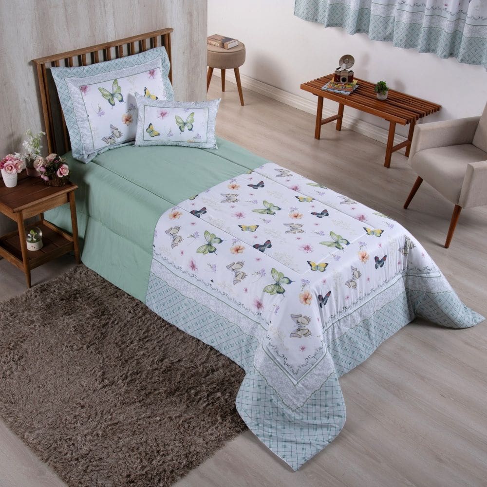 Conjunto Kit Edredom Feminino Girl Infantil Juvenil 4 Peças + Cortina Varão Simples Duplo 2m Estampa Digital