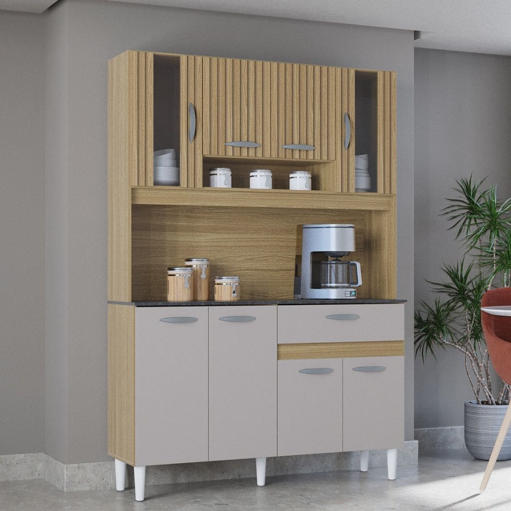 Cozinha Compacta Ripada 8 Portas com Vidro1 Gaveta Coral Poquema