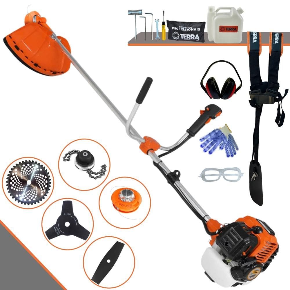 Máquina de Cortar Grama À Gasolina Terra GR520XP 2 Tempos 52cc 2,5HP 6500rpm Roçadeira Completa Multifunções Com 5 Opções de Cortes + EPI