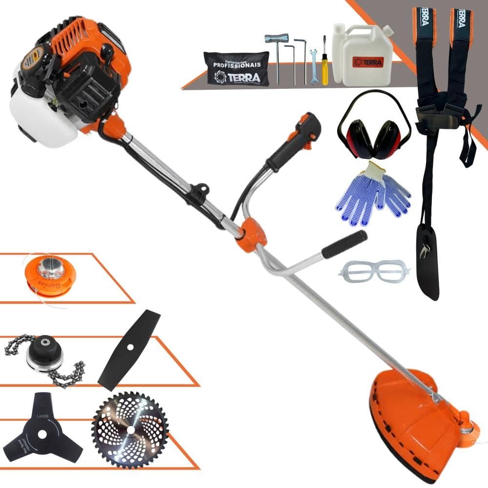 Roçadeira À Gasolina Terra GR520XP 2 Tempos 52cc 2,5HP 6500rpm Alta Performance Aparador de Grama Com Carretel de Nylon e Kit 4 Lâminas de Corte + EPI