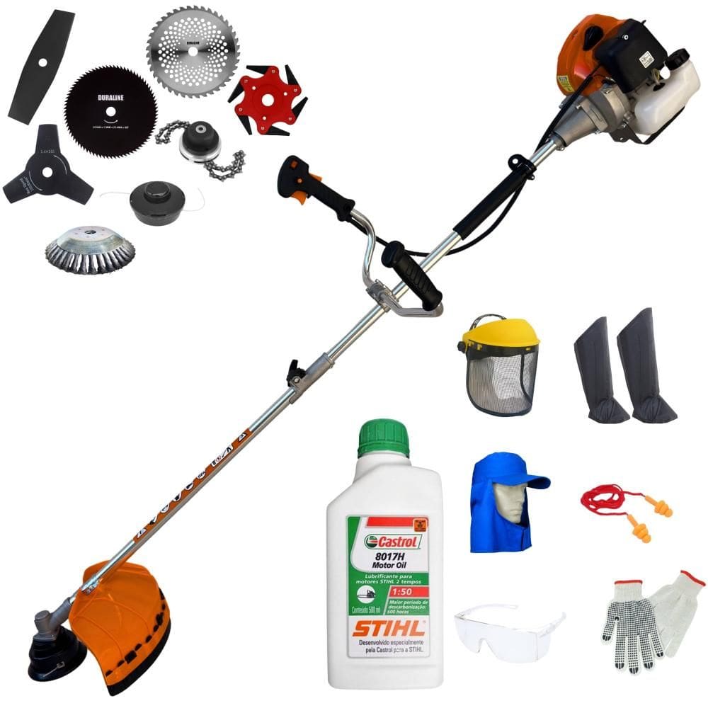 Roçadeira Terra GRHB430 Bi-Partida 43cc Com Carretel + 2 Pontas, 3 Pontas, 6 Pontas, 40 Dentes Vídea, 80 Dentes, Trimmer e Escova + EPI + ÓLEO STIHL