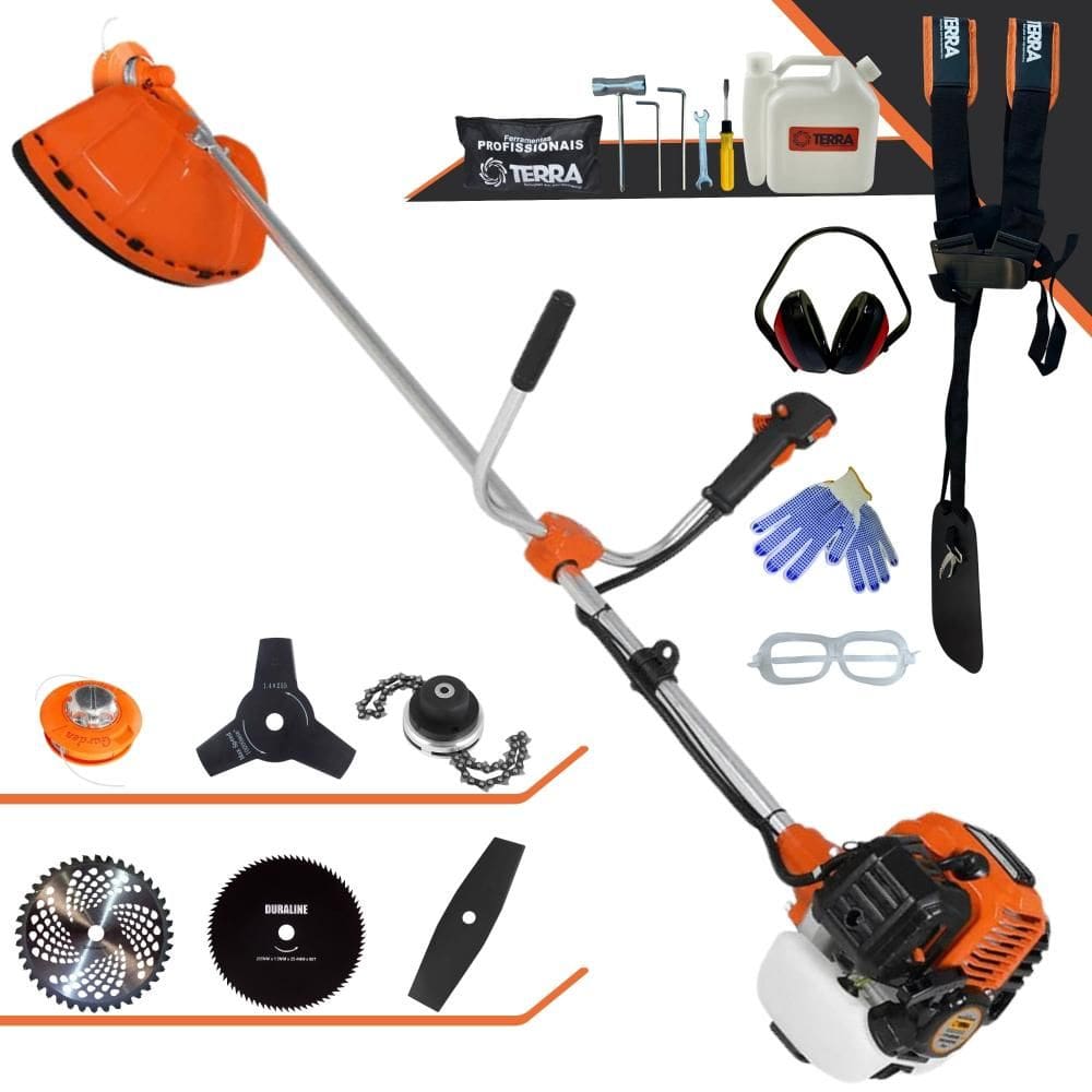 Aparador de Grama Terra GR520XP À Gasolina 52cc 2,5HP 6500rpm Com Carretel + Faca 2 Pontas + 3 Pontas + 40 Dentes de Vídea + 80 Dentes + Trimmer + EPI