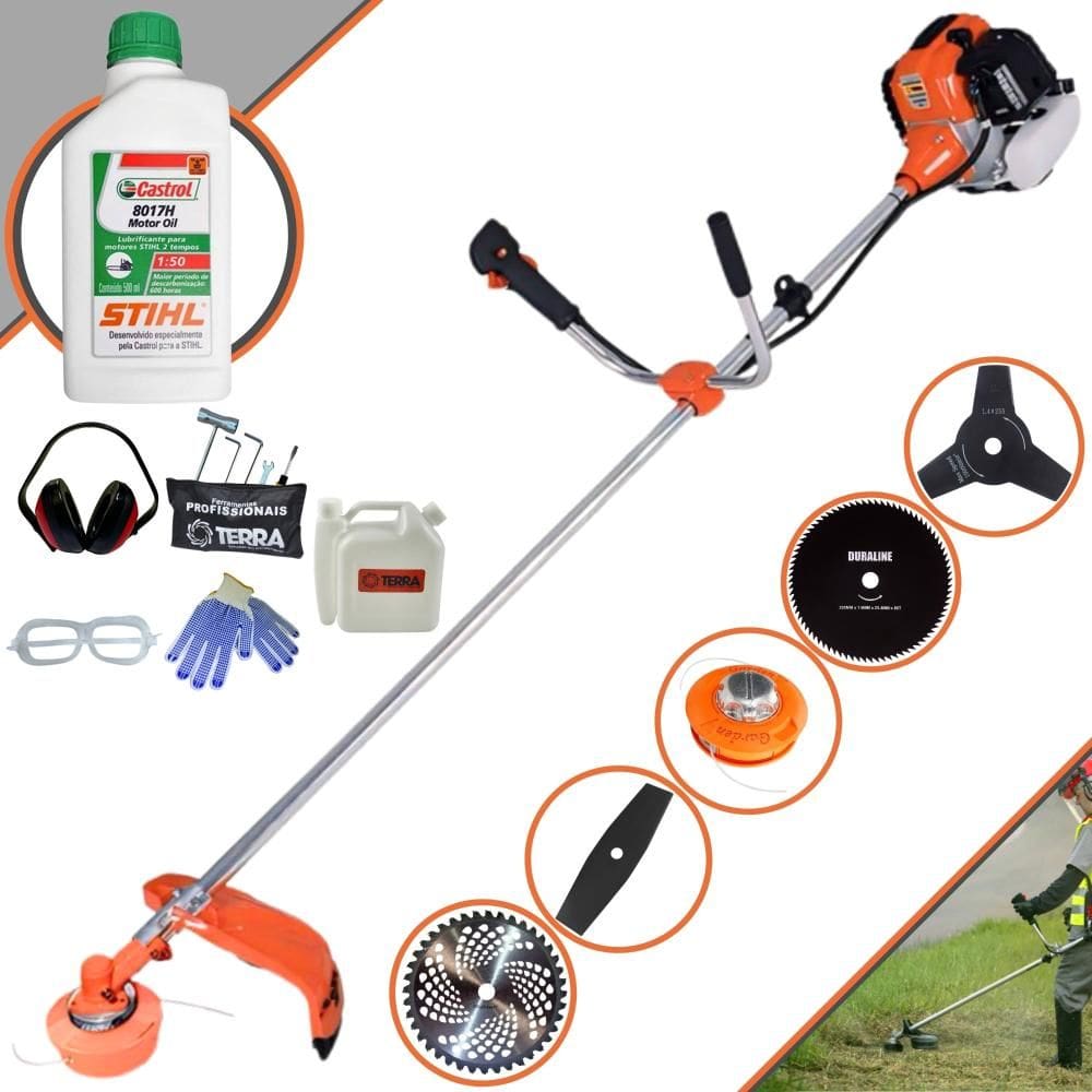 Roçadeira Multifuncional Terra GR520XP À Gasolina 52cc 2,5HP 6.500rpm 5 Em 1 Com Carretel de Nylon + Kit 4 Lâminas de Corte + ÓLEO STIHL 8017 2T + EPI