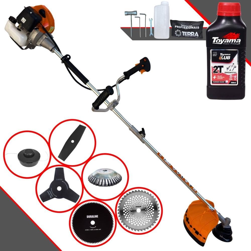 Roçadeira Terra GRHB-430 Bipartida À Gasolina 43cc 1,7HP 12000rpm Cortador de Grama 6 Em 1 Com Carretel + Kit 4 Facas + Escova de Aço + ÓLEO TOYAMA 2T