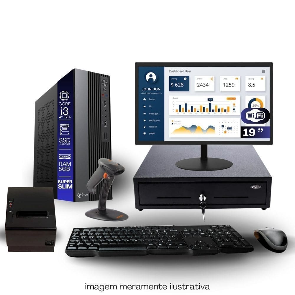 Kit Automação PDV TOB i3 4ªG 8GB SSD 240GB Win10 Rede S/Fio Teclado Mouse Monitor 19” Gvt. Dinheiro  Imp. Térmica Leitor Cód Barras