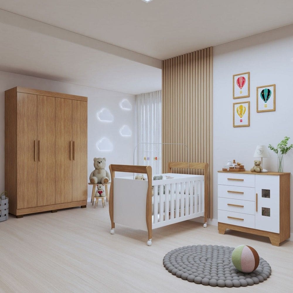 Quarto de Bebê Completo Manu 5 Portas 7 Gavetas 100% Mdf Amadeirado/Branco - Tigus