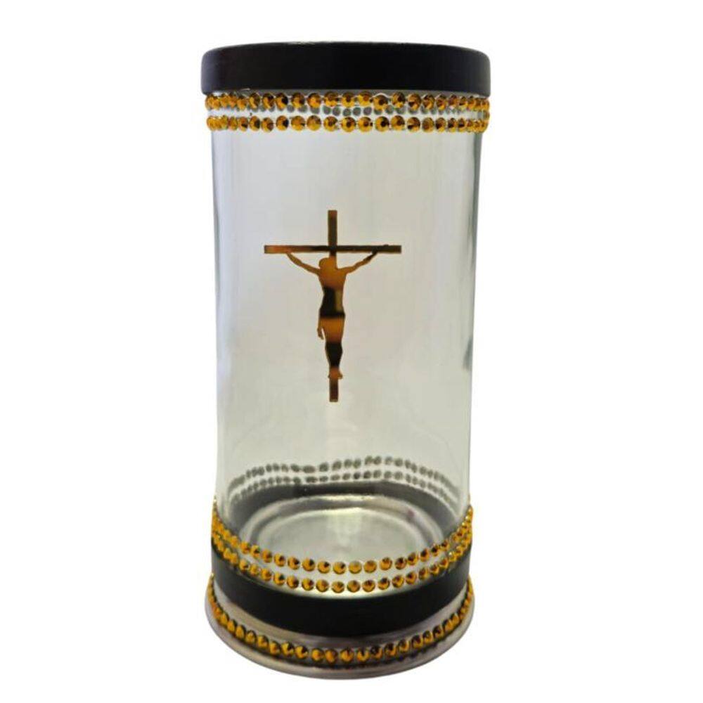 Porta Vela 7 Dias 18 Cm Jesus Cristo Cruz Vidro E Alumínio