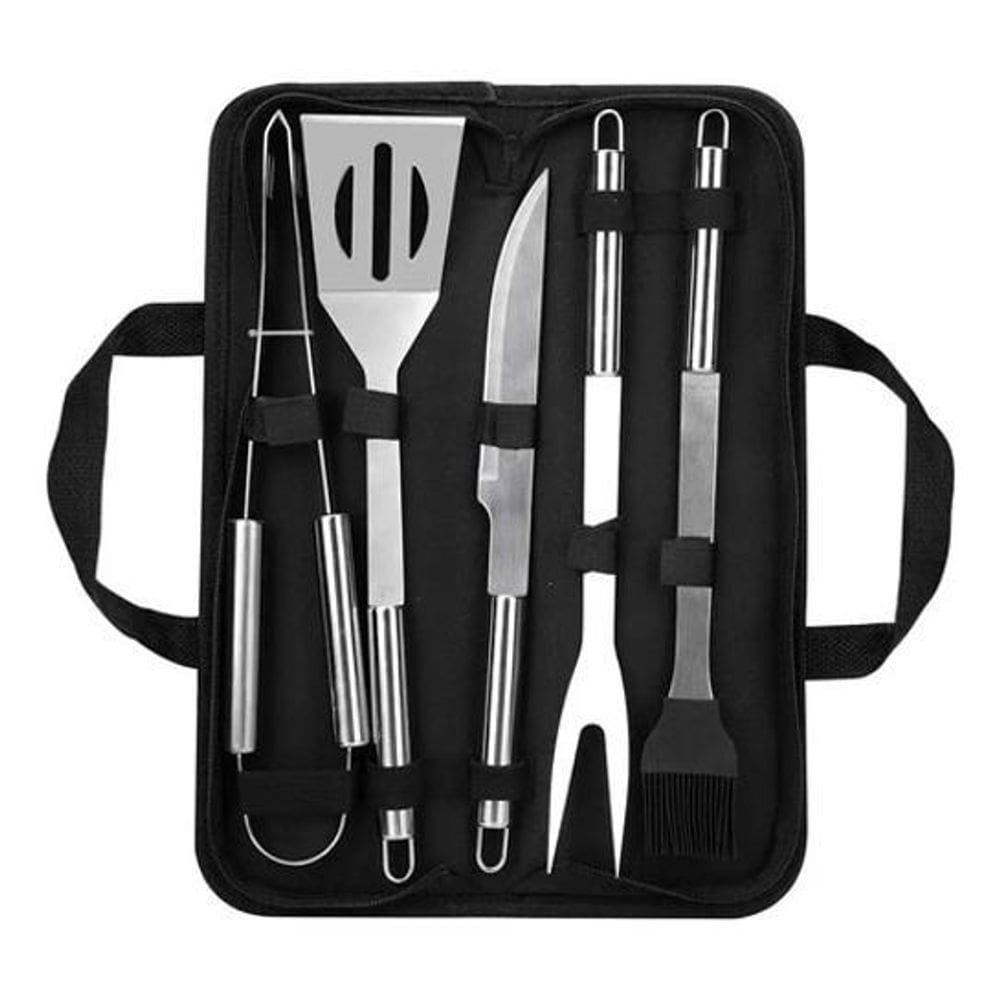 Kit Conjunto Churrasco Aço Inox Maleta 5 Peças Presente