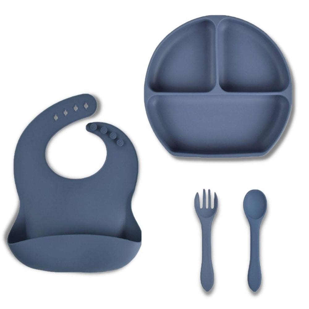Babador Prato Com Divisória Talheres Luxo Silicone Azul Baby