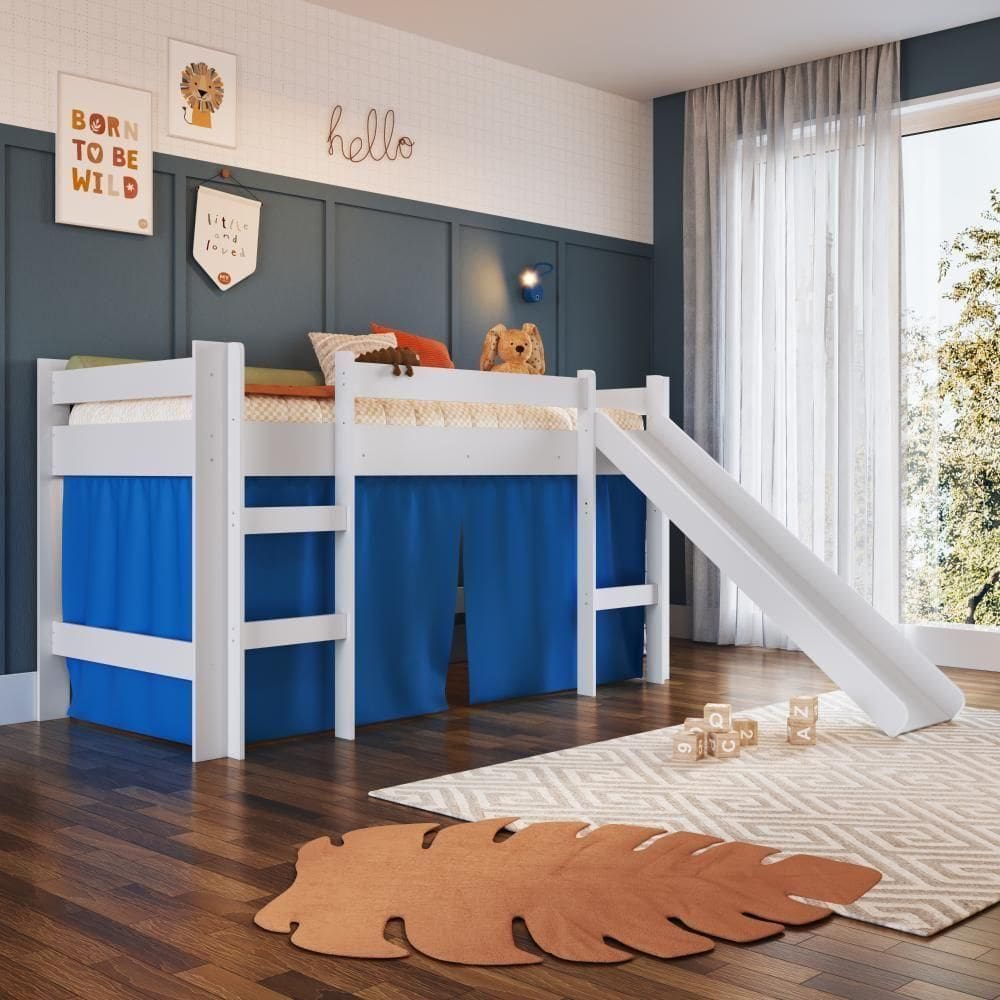 Cama Infantil Elevada Menino Menina Solteiro 202cm Com Degrau E Escorregador Branca Com Cortina Azul