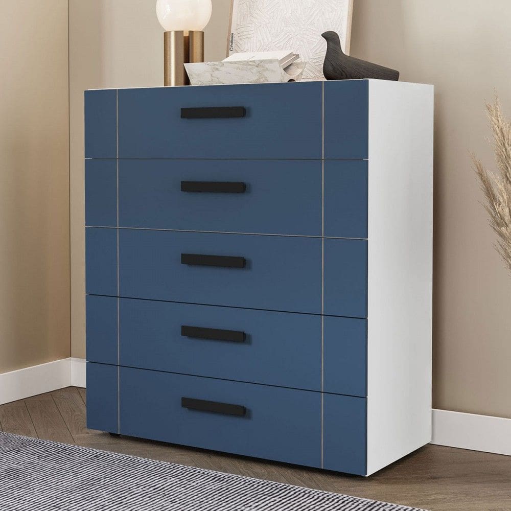 Cômoda Lisboa 5 Gavetas Branco/Azul - Politorno