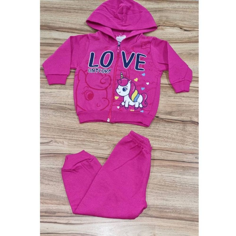 Conjunto Infantil Feminino Inverno Pink Capuz Unicórnio P