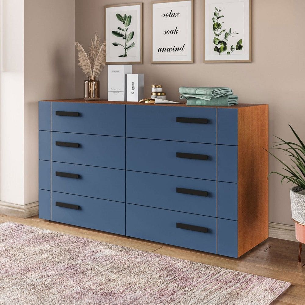 Cômoda Lisboa 8 Gavetas Freijó/Azul - Politorno
