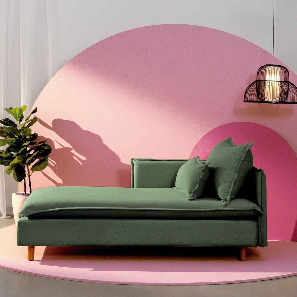 Sofá Modular Chaise Braço Lateral com Pé Madeira Sôma Cabecasa Madeiramadeira Verde