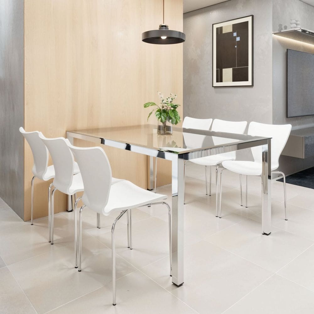 Conjunto Mesa de Jantar Retangular 160cm x 75cm Tampo de Vidro Smart com 6 Cadeiras Mono Cromado/Branco