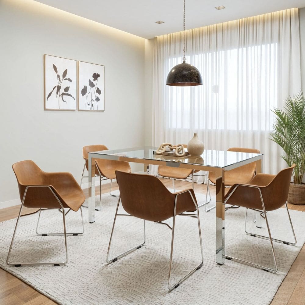 Conjunto Mesa de Jantar Retangular Tampo de Vidro 160x75cm Smart com 6 Cadeiras Lodelô Cromado /Branco/Serragem