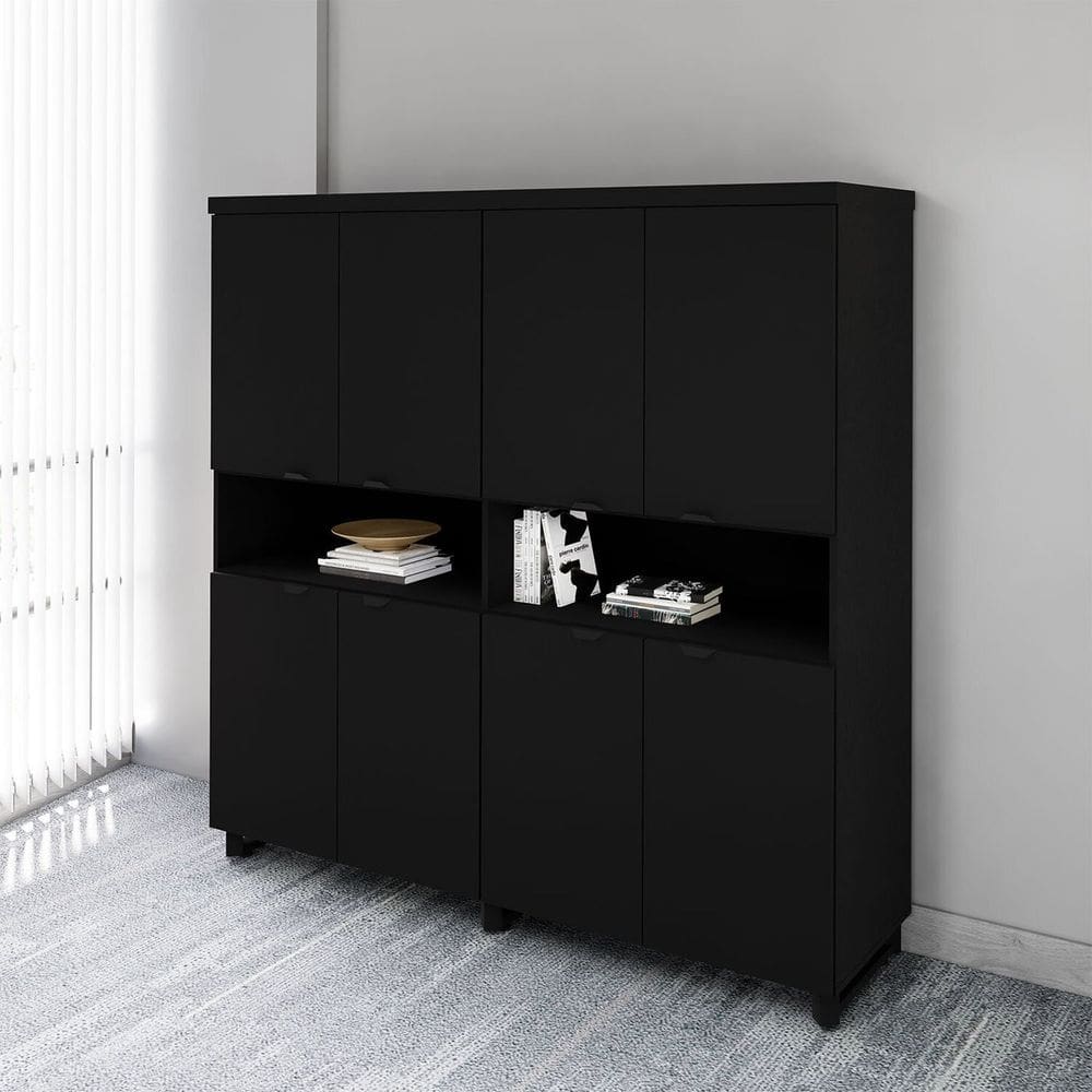 Armário Estante Para Escritório com 8 Portas de Abrir e 2 Nichos F5 Office Preto