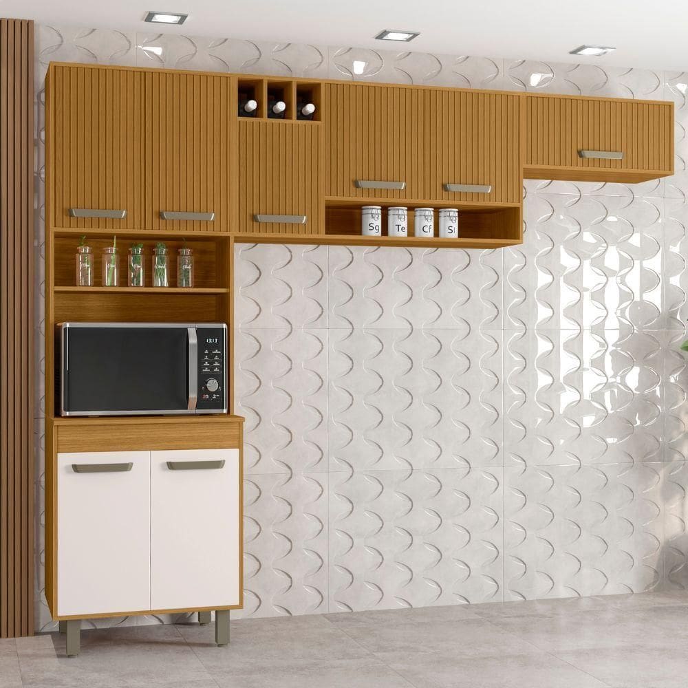 Cozinha Compacta 8 Portas e Nichos Malta Freijó/off Ripado Poliman Móveis