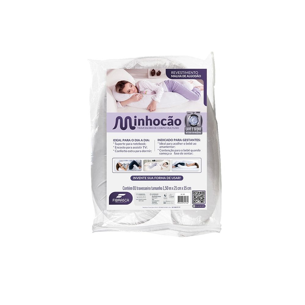 Travesseiro de Corpo Minhocão Gestante Anatômico 1,50x21cm Malha 100% Algodão Com Zíper Fibrasca