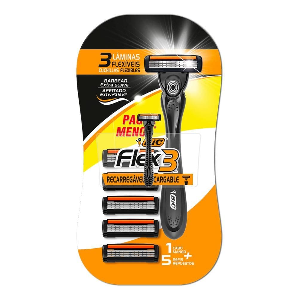 Barbeador descartável Flex3 recarregável + 5 lâminas Bic